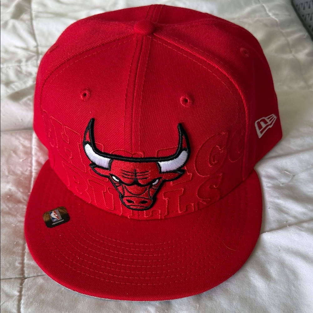 New Era Red Fitted Hat with Embroidered Bull Logo
